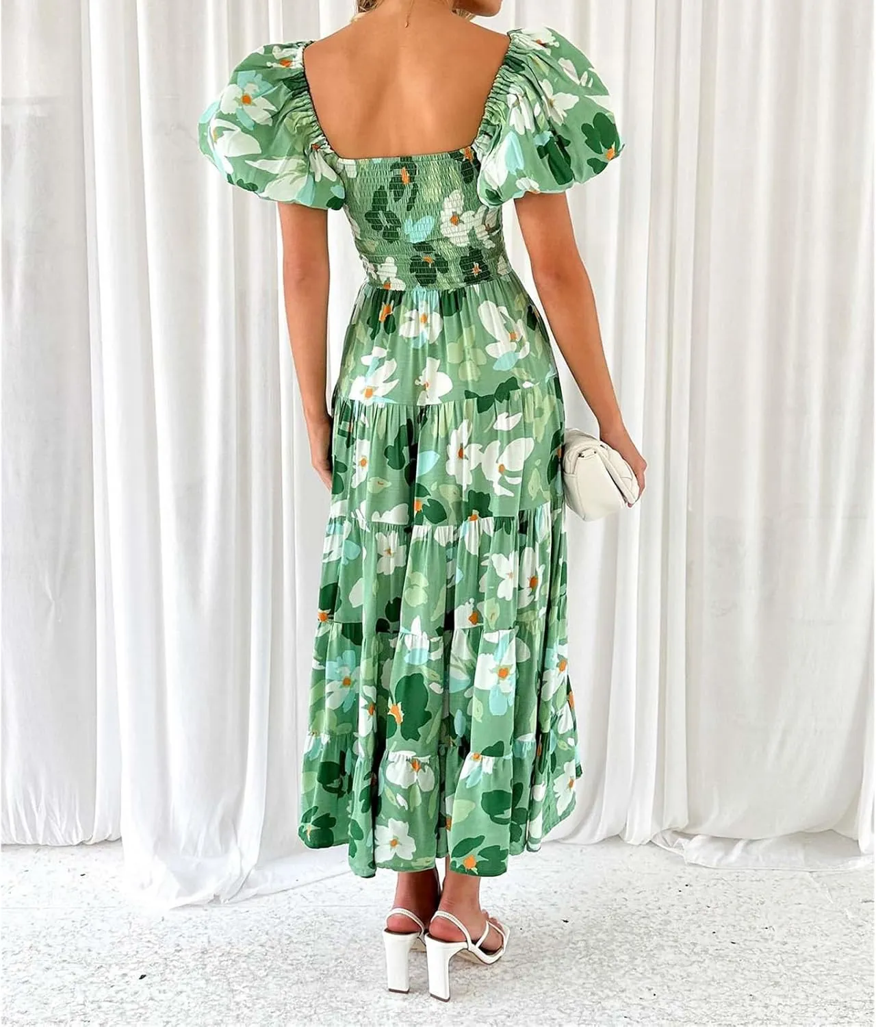 Women's Ruffle Floral Maxi Summer Dress 2025 Boho Off Shoulder Puff Sleeve Smocked Flowy Beach Dresses