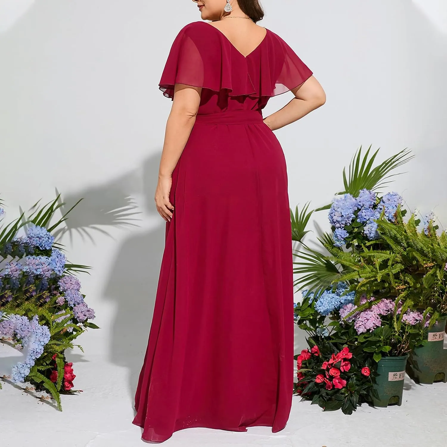 Women's Ruffle Sleeve Chiffon Mother of The Bride Maxi Dress Wrap V Neck Tie Front Polka Dot Long Formal Evening Dresses