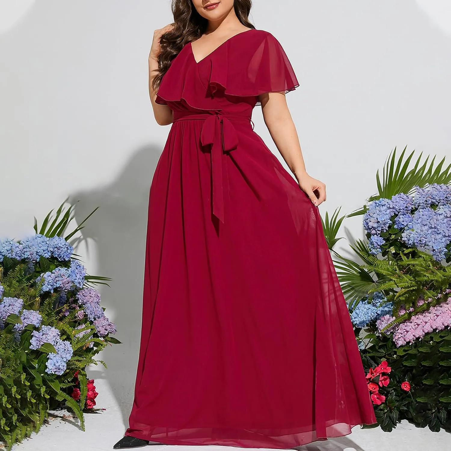 Women's Ruffle Sleeve Chiffon Mother of The Bride Maxi Dress Wrap V Neck Tie Front Polka Dot Long Formal Evening Dresses