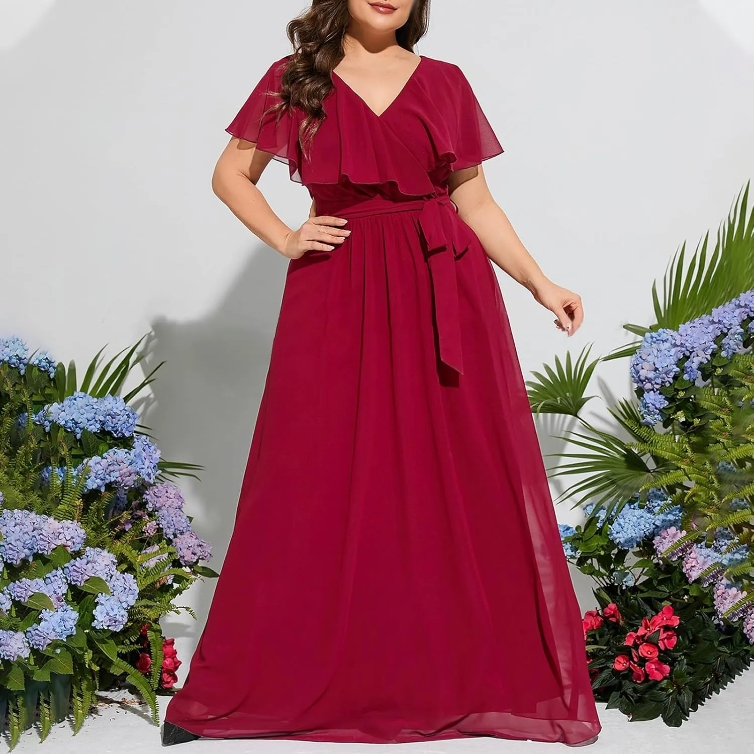 Women's Ruffle Sleeve Chiffon Mother of The Bride Maxi Dress Wrap V Neck Tie Front Polka Dot Long Formal Evening Dresses