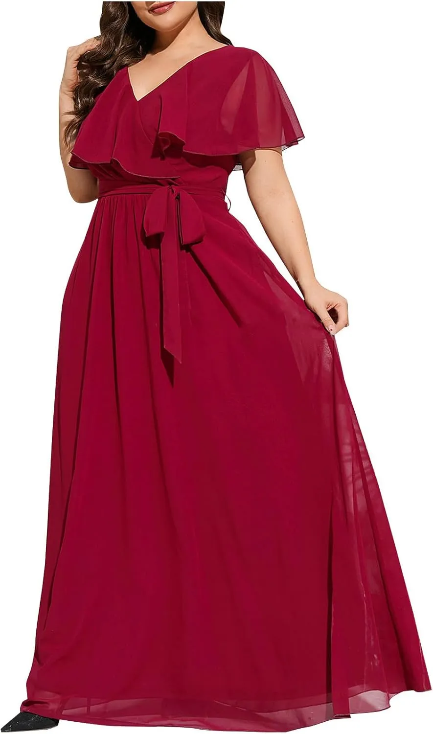 Women's Ruffle Sleeve Chiffon Mother of The Bride Maxi Dress Wrap V Neck Tie Front Polka Dot Long Formal Evening Dresses