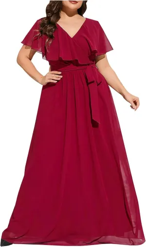 Women's Ruffle Sleeve Chiffon Mother of The Bride Maxi Dress Wrap V Neck Tie Front Polka Dot Long Formal Evening Dresses