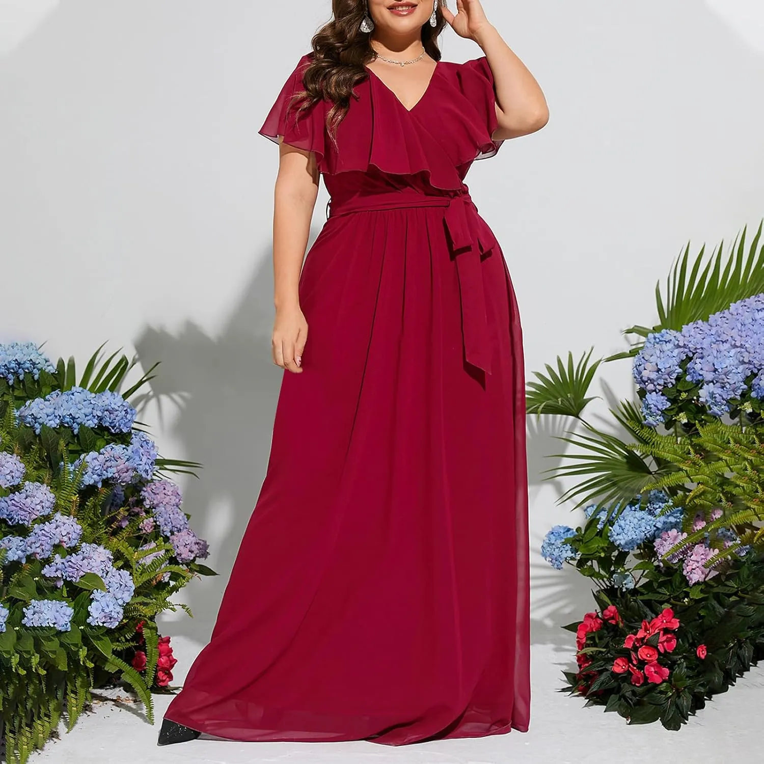 Women's Ruffle Sleeve Chiffon Mother of The Bride Maxi Dress Wrap V Neck Tie Front Polka Dot Long Formal Evening Dresses