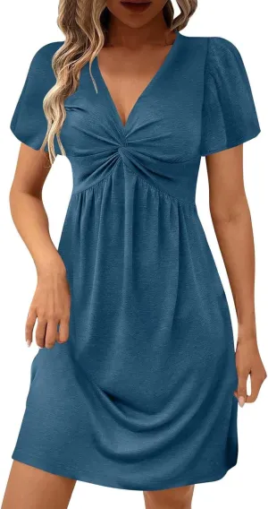 Womens Ruffle Sleeve Layered Mini Dress Smocked Waist Short Dress Boho V Neck Floral Print Cute Summer Dresses
