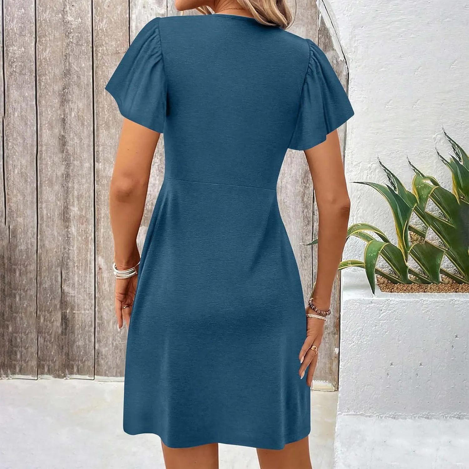 Womens Ruffle Sleeve Layered Mini Dress Smocked Waist Short Dress Boho V Neck Floral Print Cute Summer Dresses