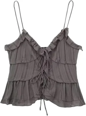 Women's Ruffled V-Neck Camisole Thin Strap Cropped Tank Top Casual Sleeveless Summer Blouse