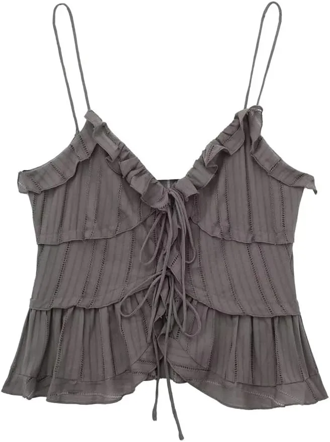 Women's Ruffled V-Neck Camisole Thin Strap Cropped Tank Top Casual Sleeveless Summer Blouse