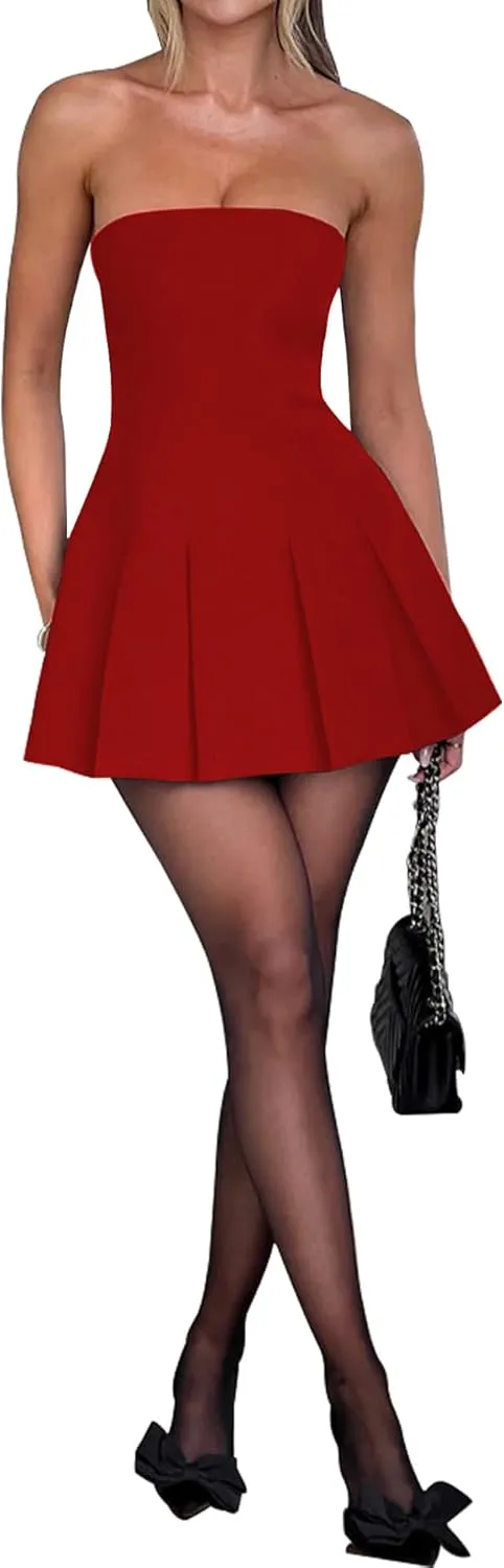Women's Sexy Strapless Ruched Pleated Tube Mini Dress Y2K Sleeveless A Line Bodycon Short Dress