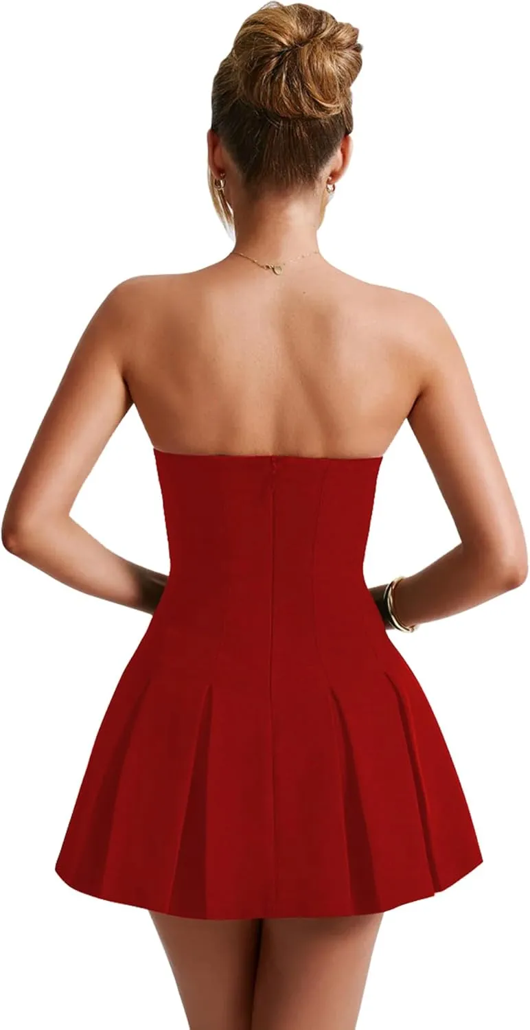 Women's Sexy Strapless Ruched Pleated Tube Mini Dress Y2K Sleeveless A Line Bodycon Short Dress