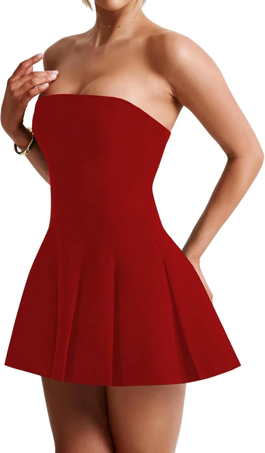 Women's Sexy Strapless Ruched Pleated Tube Mini Dress Y2K Sleeveless A Line Bodycon Short Dress