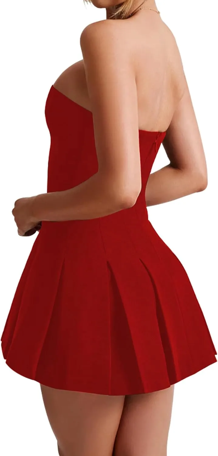 Women's Sexy Strapless Ruched Pleated Tube Mini Dress Y2K Sleeveless A Line Bodycon Short Dress