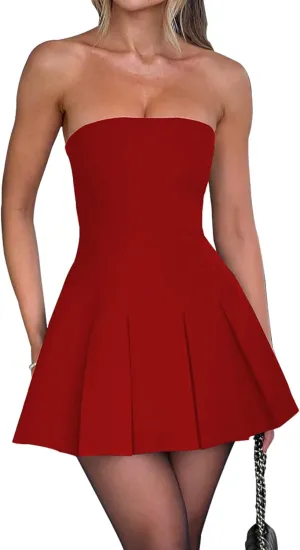 Women's Sexy Strapless Ruched Pleated Tube Mini Dress Y2K Sleeveless A Line Bodycon Short Dress