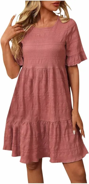 Women's Short Sleeve Patchwork Dress Summer Crew Neck Ruffle Hem Short Dresses Casual Comfy Vacation Beach Mini Dress