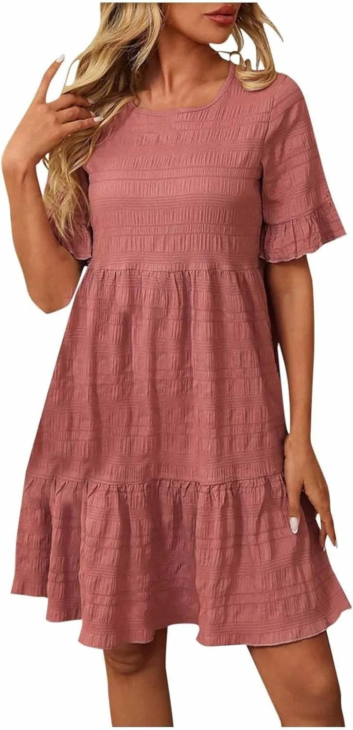 Women's Short Sleeve Patchwork Dress Summer Crew Neck Ruffle Hem Short Dresses Casual Comfy Vacation Beach Mini Dress