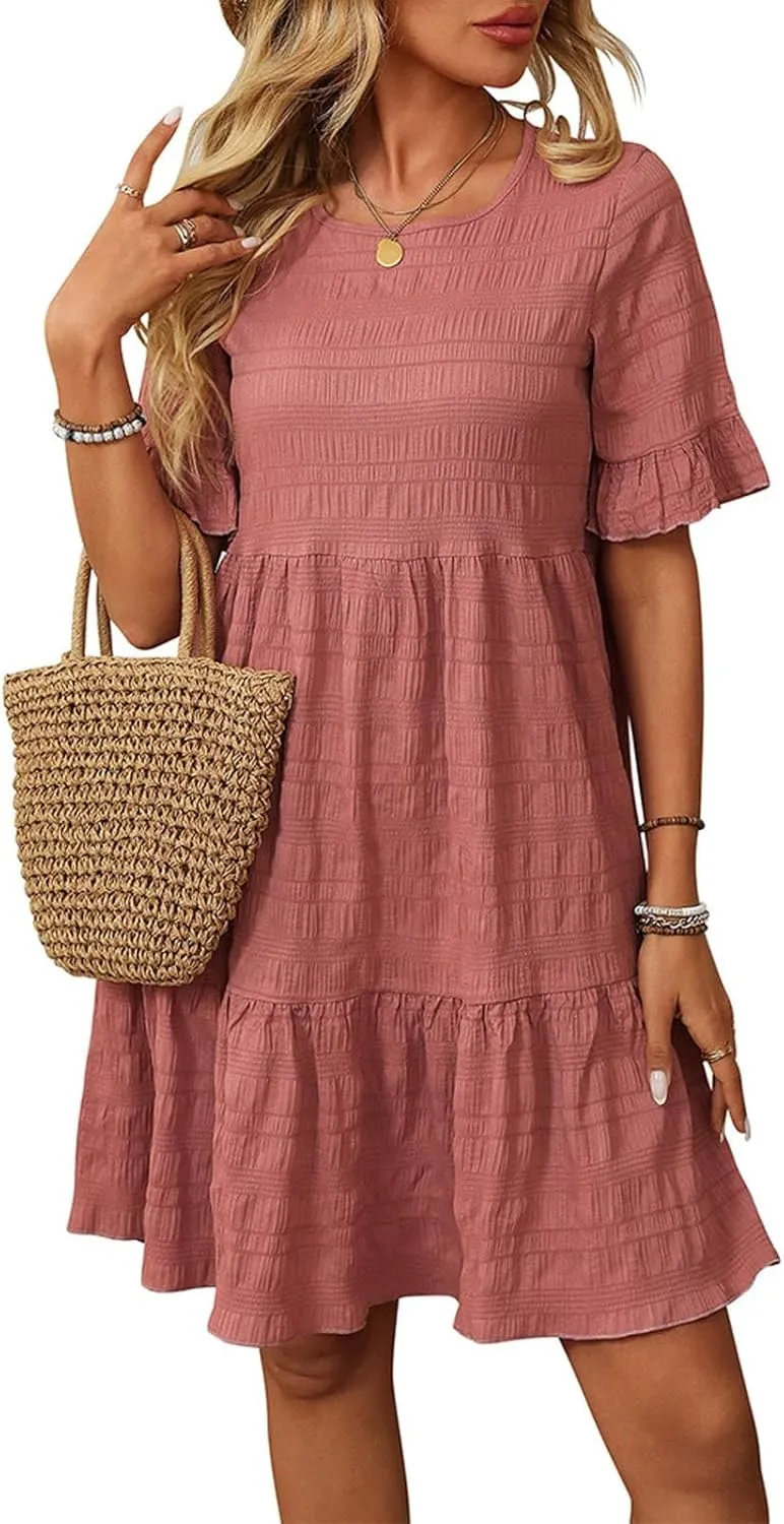 Women's Short Sleeve Patchwork Dress Summer Crew Neck Ruffle Hem Short Dresses Casual Comfy Vacation Beach Mini Dress