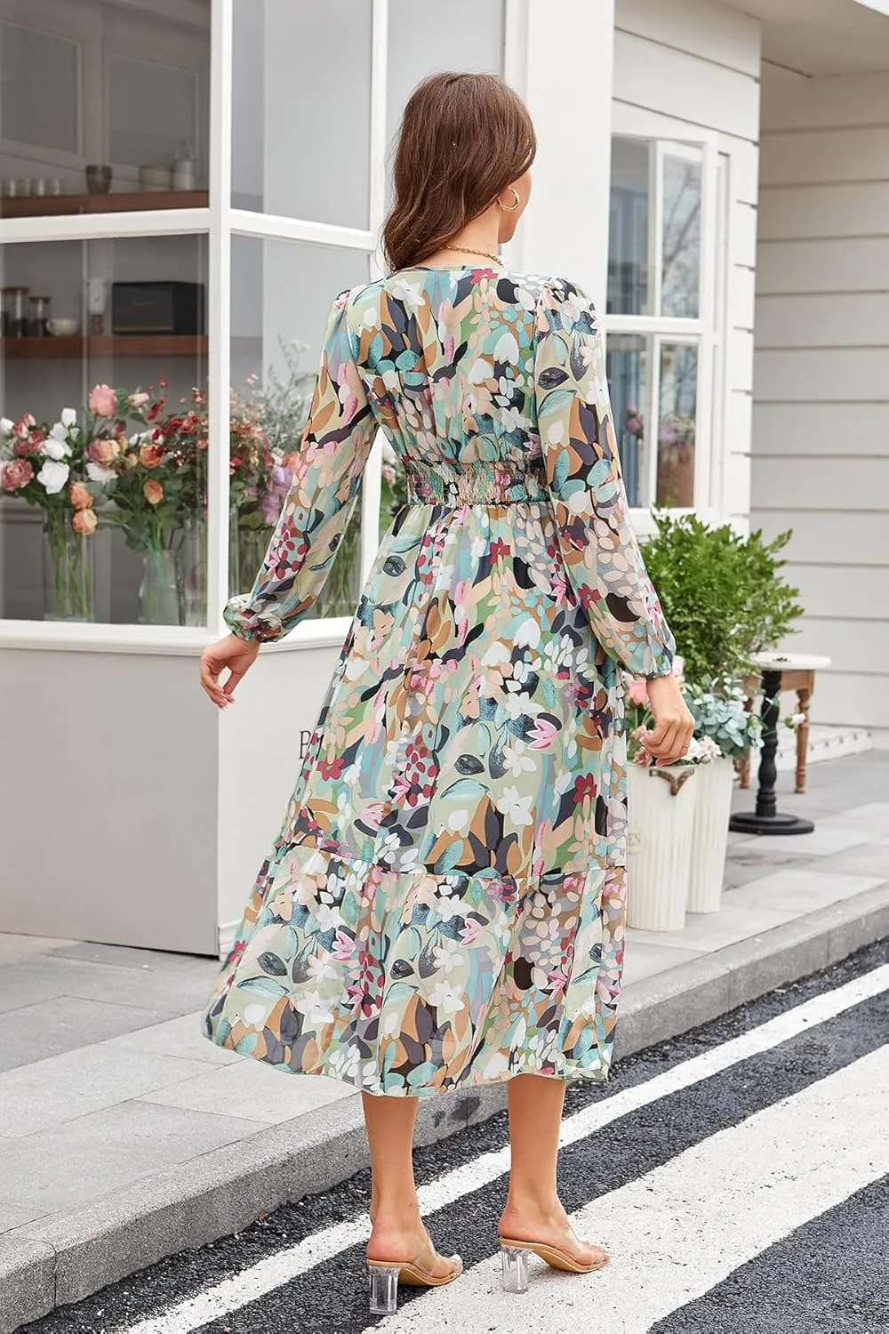 Women's Spring Wrap Maxi Dress Floral V Neck Long Sleeve Wedding Guest Party Casual Chiffon Dress
