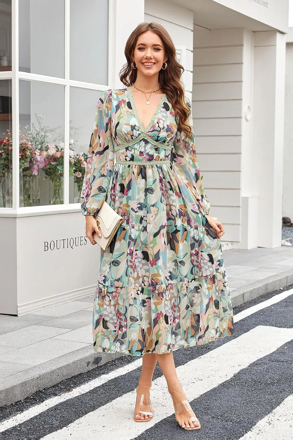 Women's Spring Wrap Maxi Dress Floral V Neck Long Sleeve Wedding Guest Party Casual Chiffon Dress