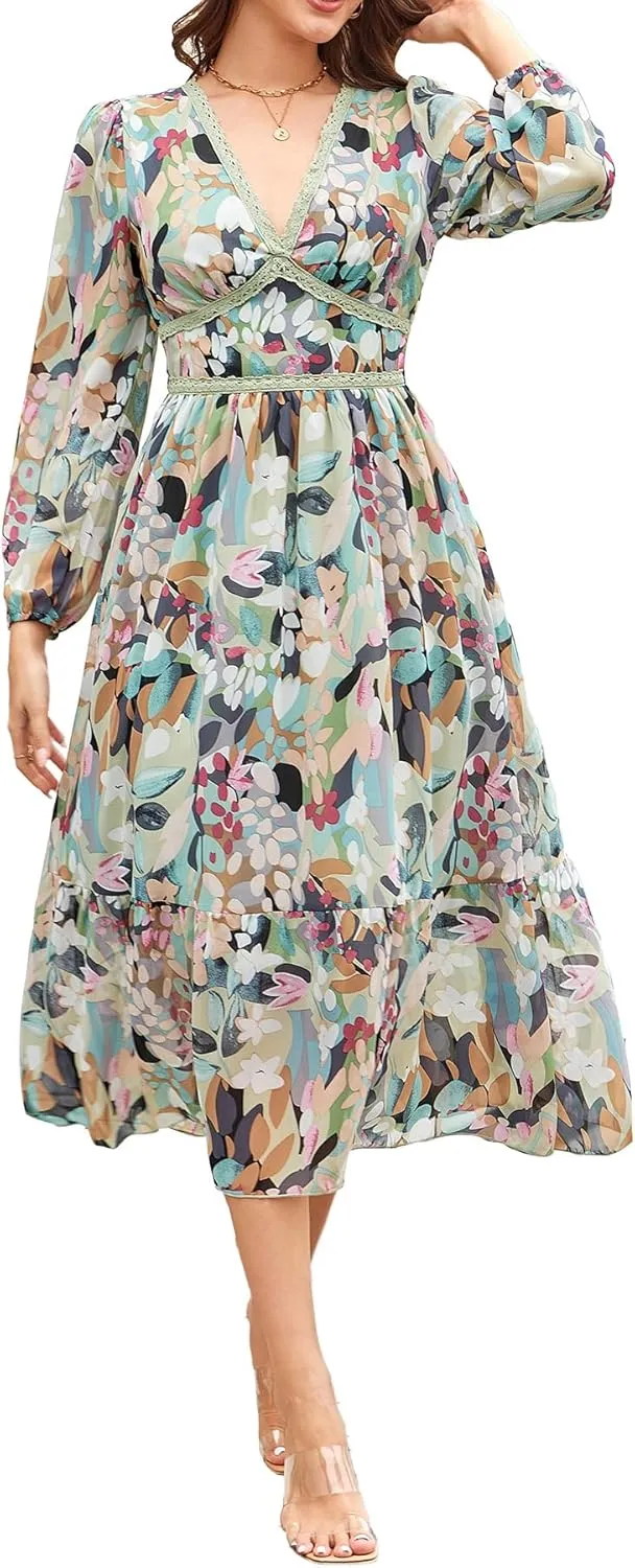 Women's Spring Wrap Maxi Dress Floral V Neck Long Sleeve Wedding Guest Party Casual Chiffon Dress