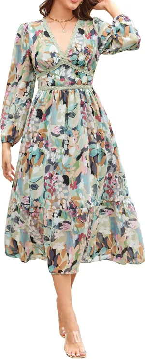 Women's Spring Wrap Maxi Dress Floral V Neck Long Sleeve Wedding Guest Party Casual Chiffon Dress