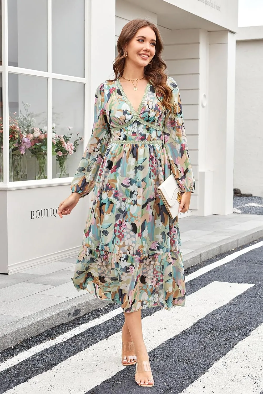 Women's Spring Wrap Maxi Dress Floral V Neck Long Sleeve Wedding Guest Party Casual Chiffon Dress