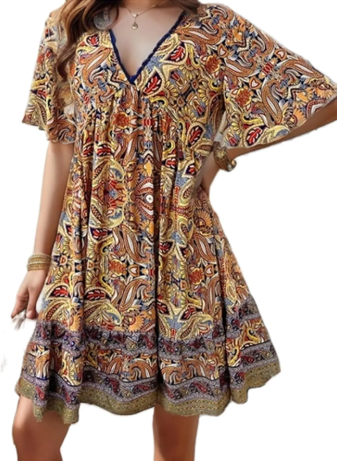 Women's Summer Boho Mini Dress Casual Beach Vacation Sundresses Shorts Sleeves V-Neck Flowy Swing Short Dress