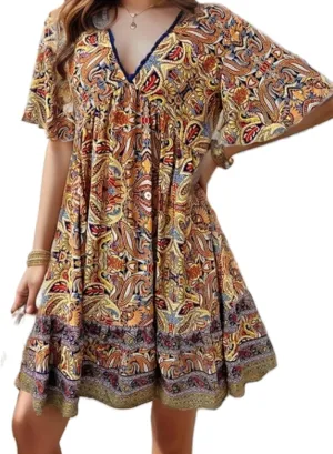 Women's Summer Boho Mini Dress Casual Beach Vacation Sundresses Shorts Sleeves V-Neck Flowy Swing Short Dress
