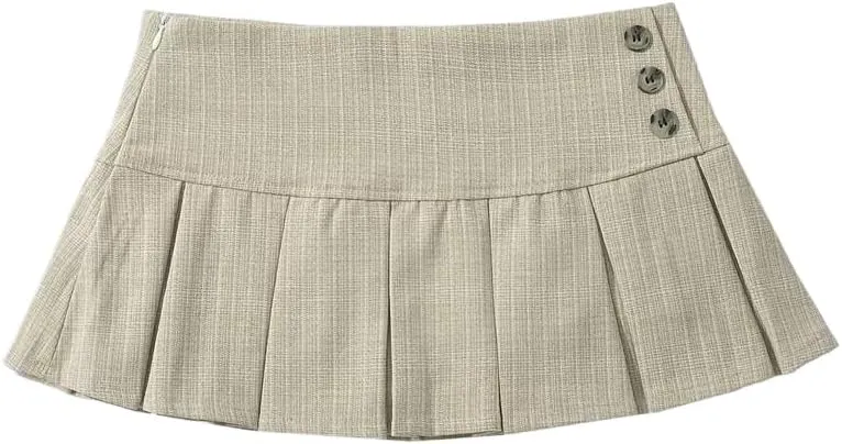 Women's Summer Casual Button Front Pleated A Line Skirt Above Knee Length Polyester Blended Khaki