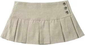 Women's Summer Casual Button Front Pleated A Line Skirt Above Knee Length Polyester Blended Khaki