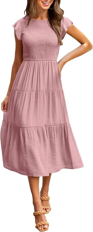 Womens Summer Casual Midi Dress Smocked Crewneck Flutter Short Sleeve Boho Tiered Maxi Dresses