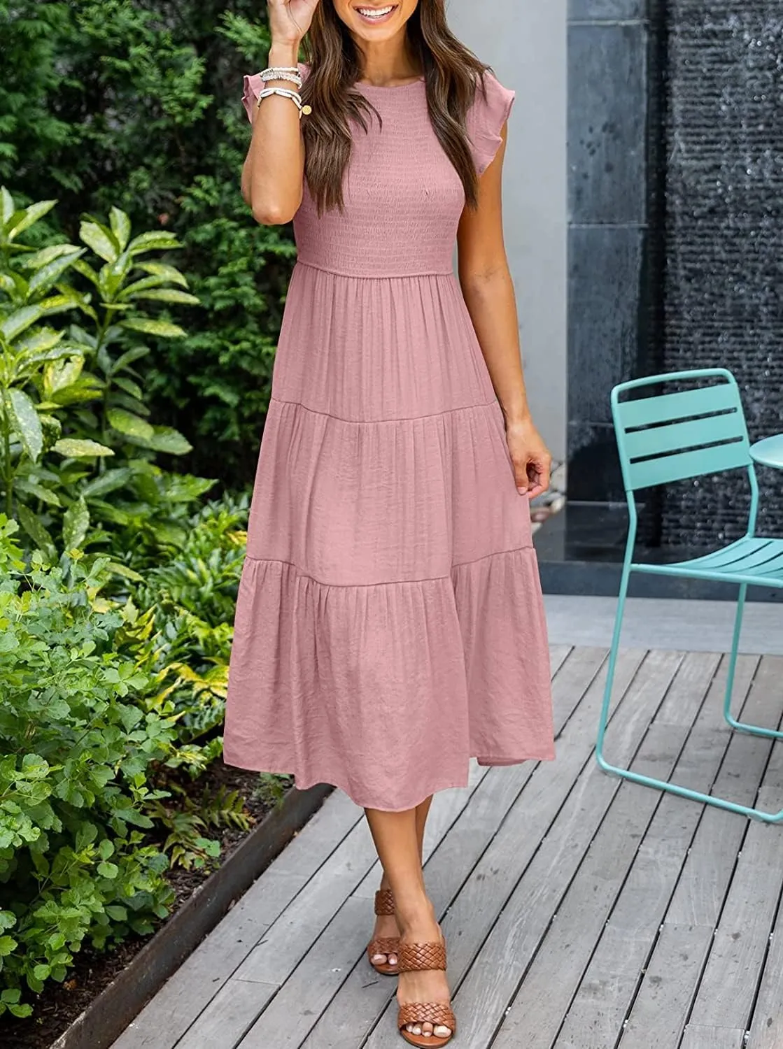 Womens Summer Casual Midi Dress Smocked Crewneck Flutter Short Sleeve Boho Tiered Maxi Dresses