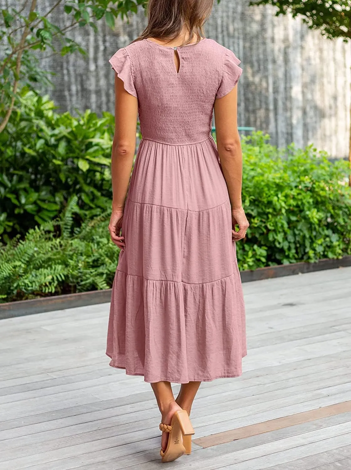 Womens Summer Casual Midi Dress Smocked Crewneck Flutter Short Sleeve Boho Tiered Maxi Dresses