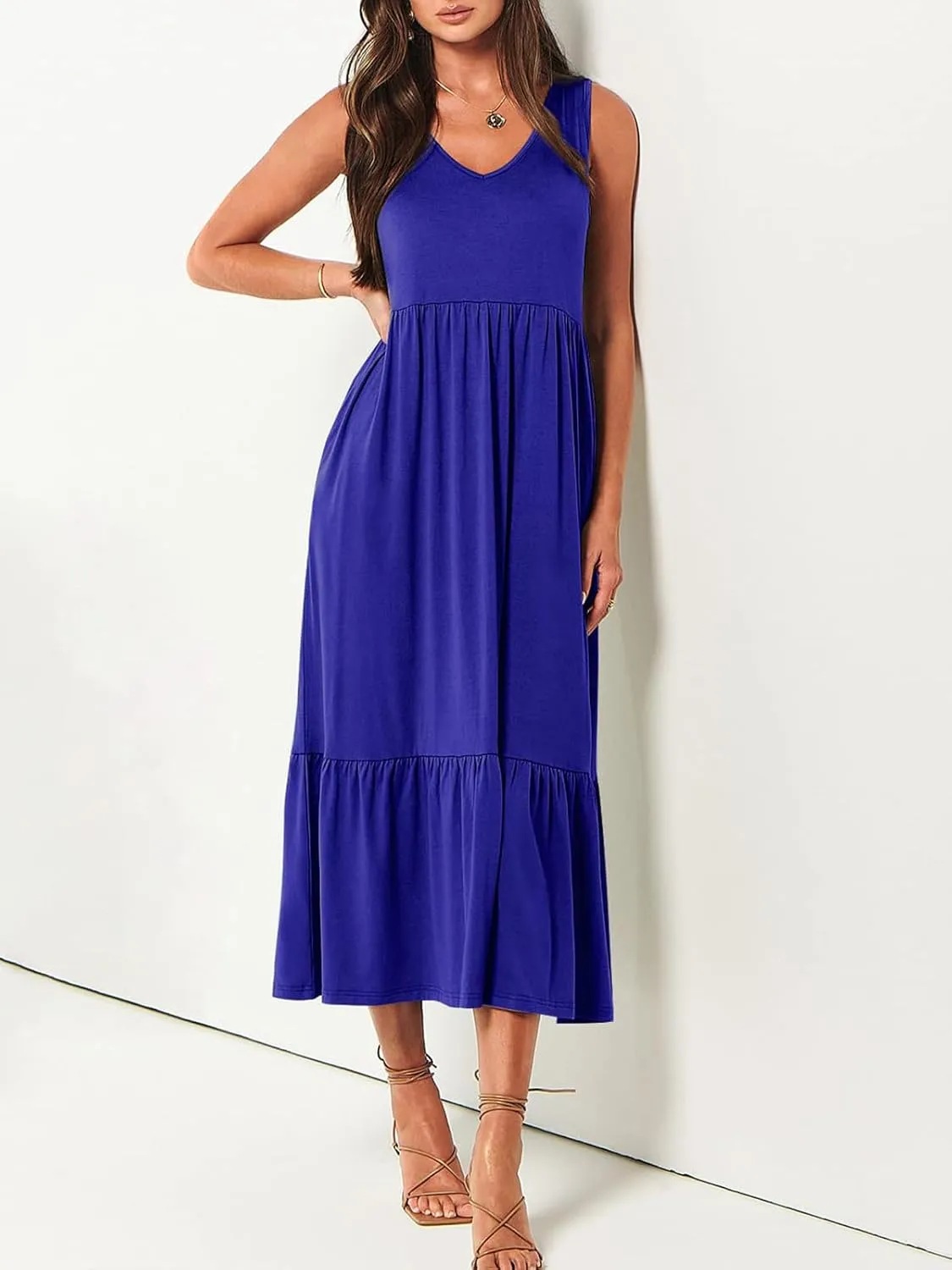 Women's Summer Casual Sleeveless V Neck Swing Dress Fit Flare Flowy Tiered Maxi Beach Sundress with Pockets