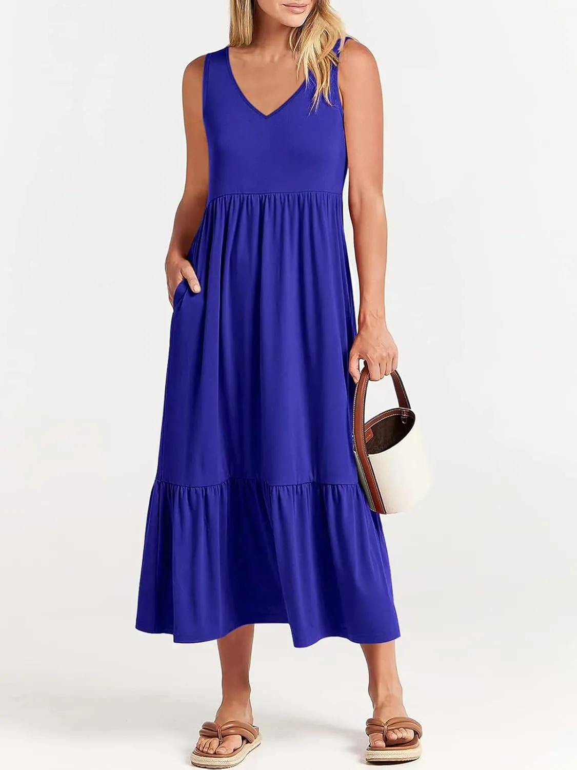 Women's Summer Casual Sleeveless V Neck Swing Dress Fit Flare Flowy Tiered Maxi Beach Sundress with Pockets