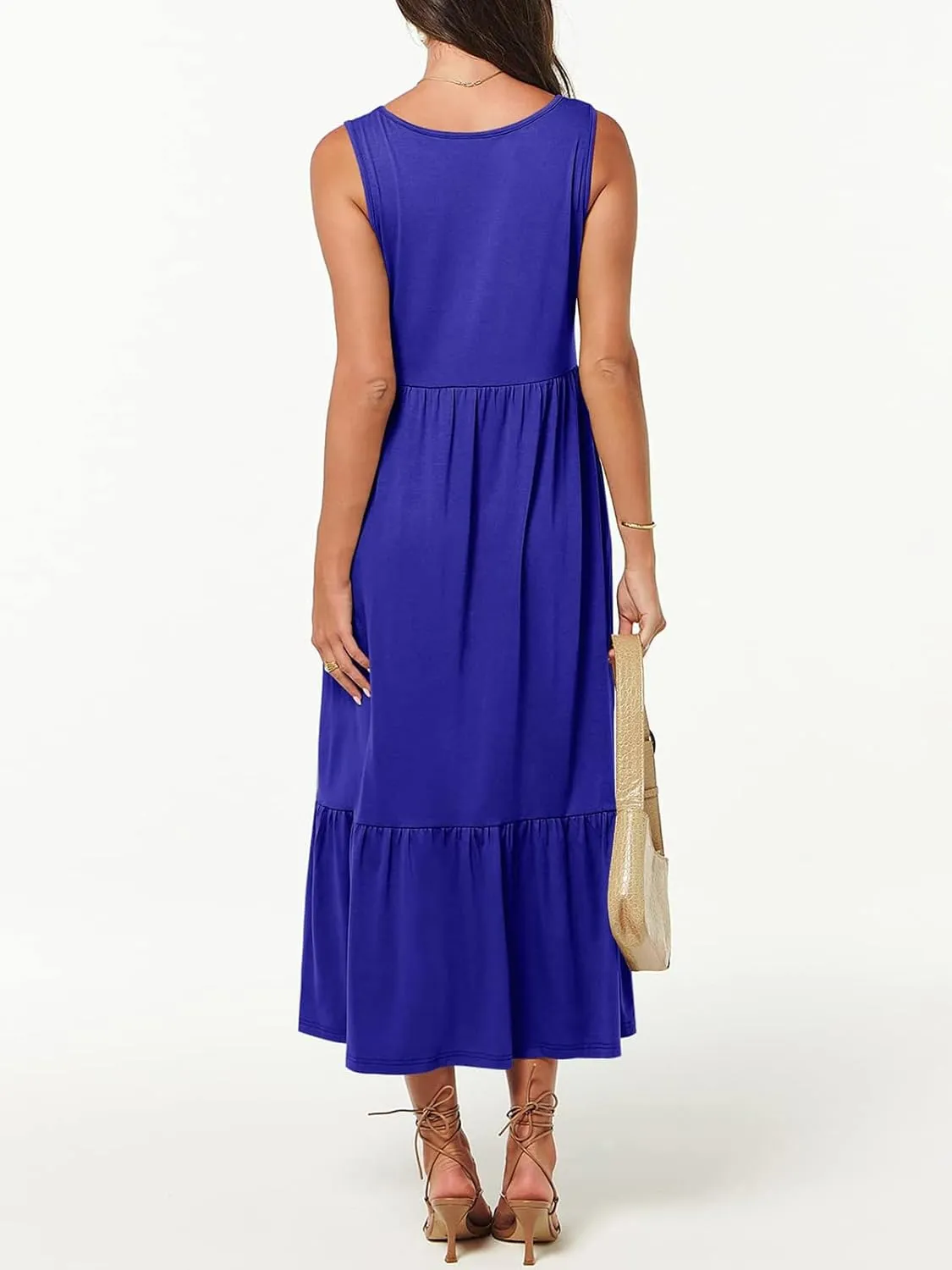 Women's Summer Casual Sleeveless V Neck Swing Dress Fit Flare Flowy Tiered Maxi Beach Sundress with Pockets