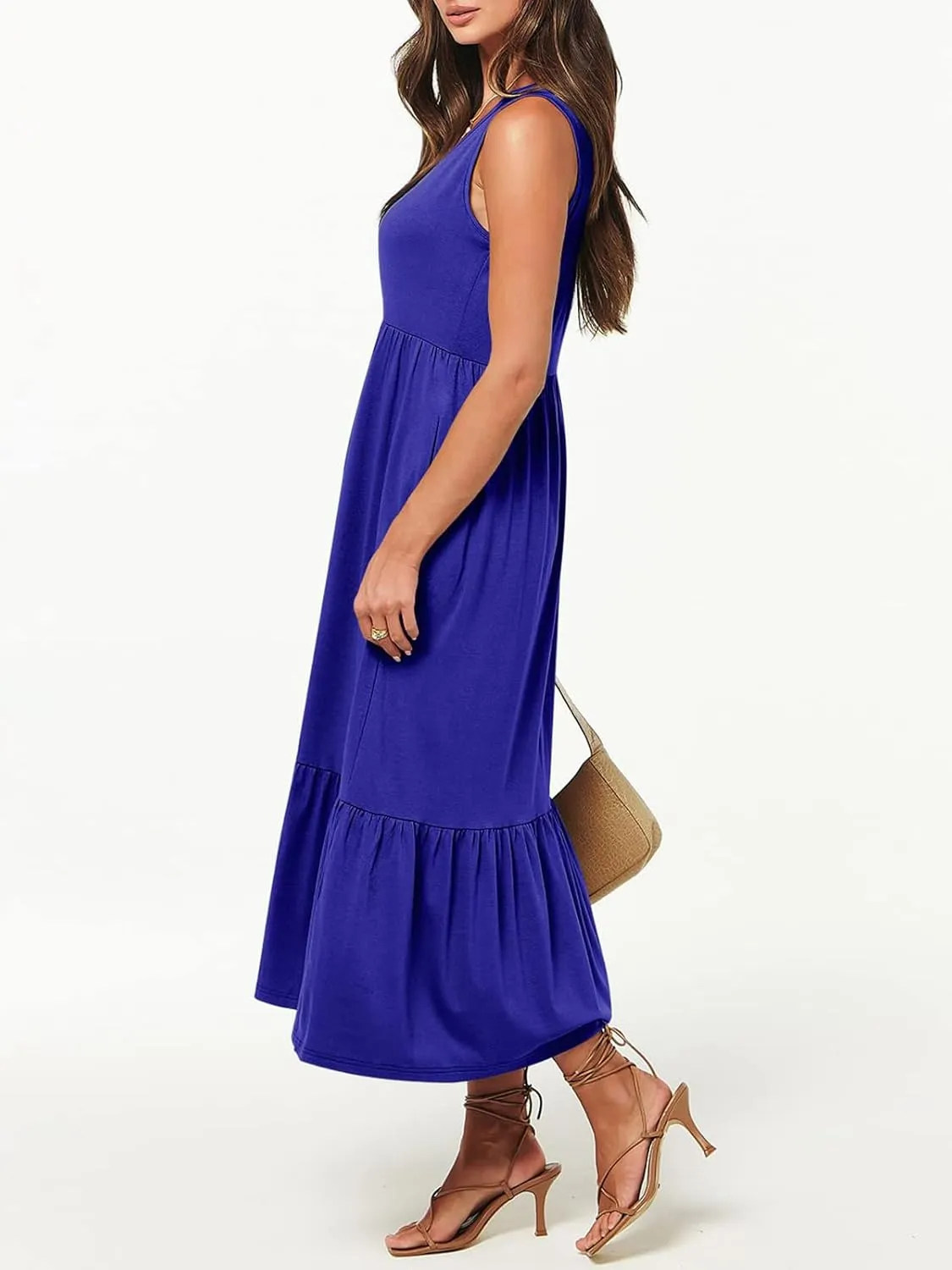 Women's Summer Casual Sleeveless V Neck Swing Dress Fit Flare Flowy Tiered Maxi Beach Sundress with Pockets