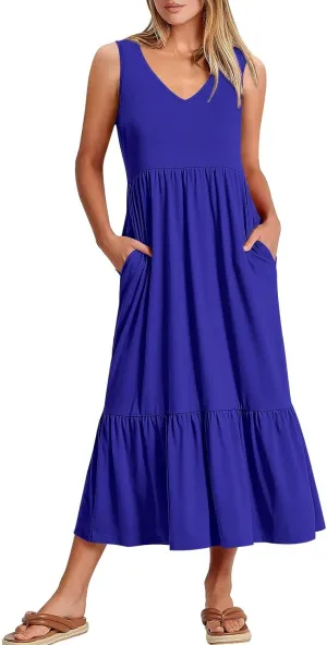 Women's Summer Casual Sleeveless V Neck Swing Dress Fit Flare Flowy Tiered Maxi Beach Sundress with Pockets