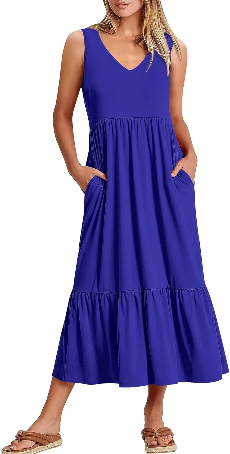 Women's Summer Casual Sleeveless V Neck Swing Dress Fit Flare Flowy Tiered Maxi Beach Sundress with Pockets