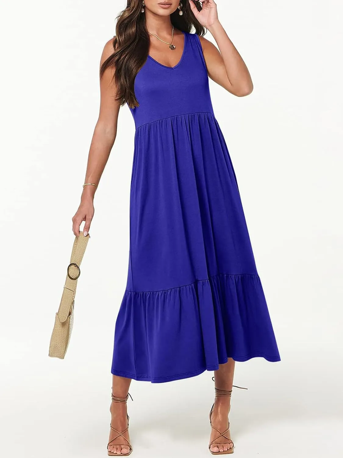 Women's Summer Casual Sleeveless V Neck Swing Dress Fit Flare Flowy Tiered Maxi Beach Sundress with Pockets