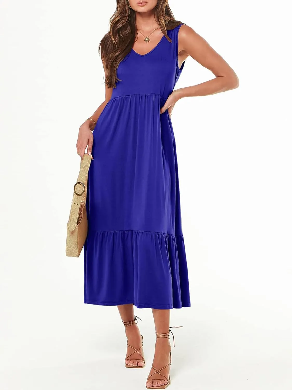Women's Summer Casual Sleeveless V Neck Swing Dress Fit Flare Flowy Tiered Maxi Beach Sundress with Pockets
