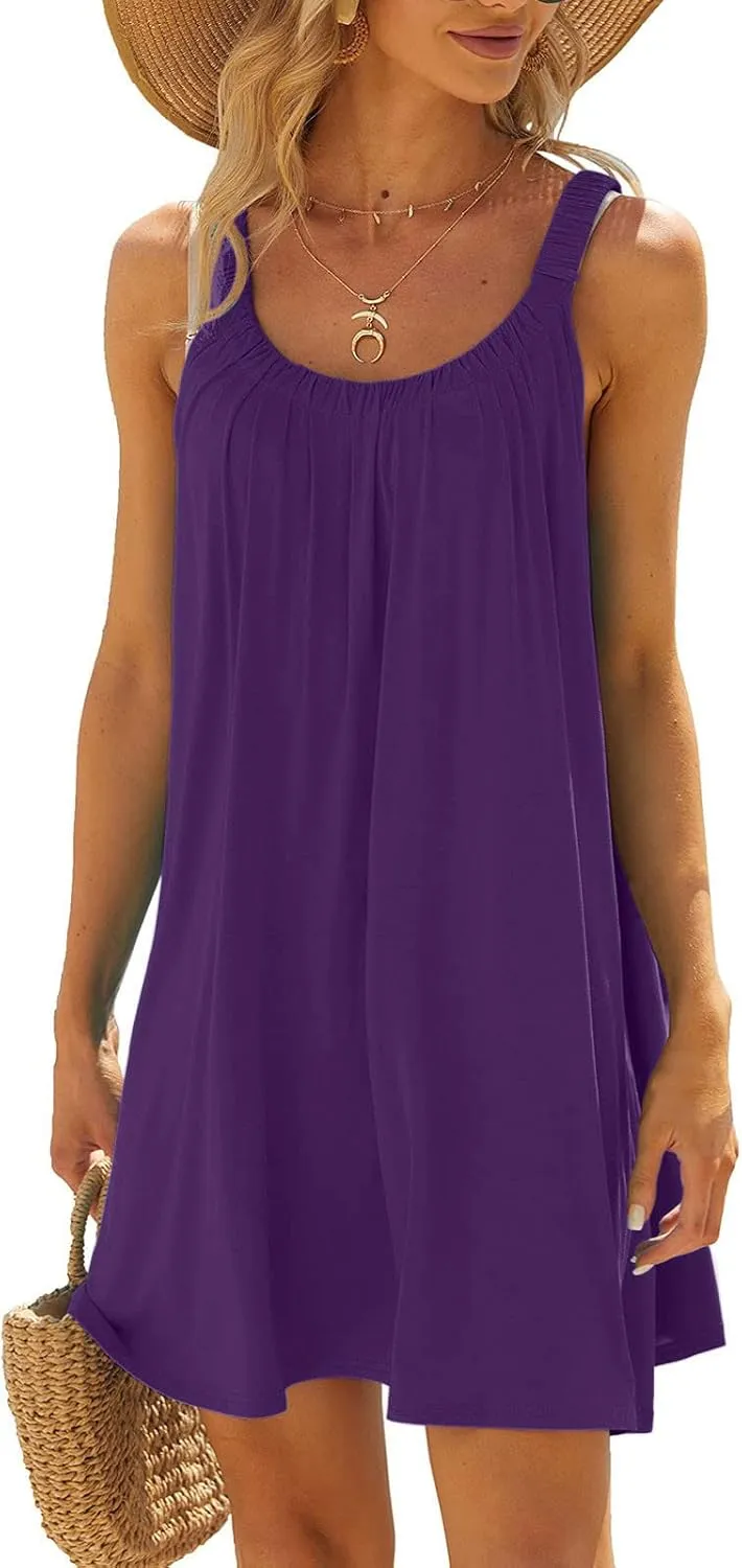 Womens Summer Dress Vacation 2024 Plus Size Solid Color Flowy Sun Dresses Casual Sleeveless Knee Length Dresses