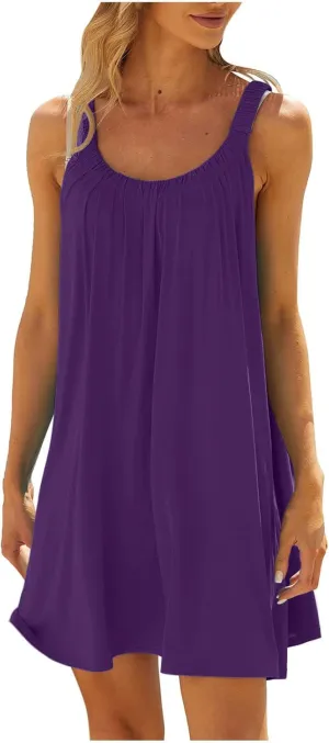 Womens Summer Dress Vacation 2024 Plus Size Solid Color Flowy Sun Dresses Casual Sleeveless Knee Length Dresses