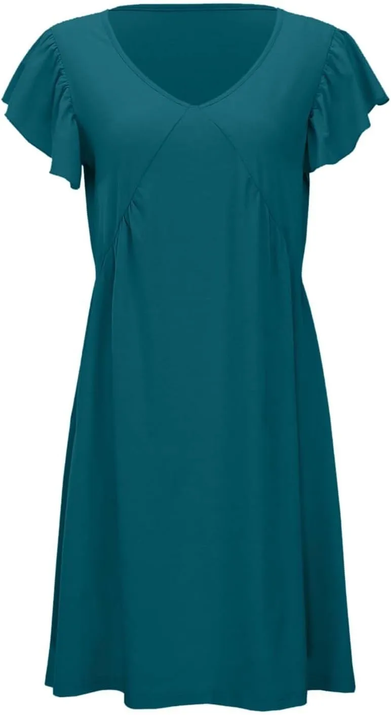 Women's Summer Dresses 2025 Casual Deep V Neck Loose Fit Ruffle Sleeve Mini Dress Beach Vacation Flowy Sundress