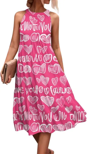 Womens Summer Dresses Hanging Neck Floral Print Midi Dresses Splicing Sleeveless Sundresses Casual Beach Dress