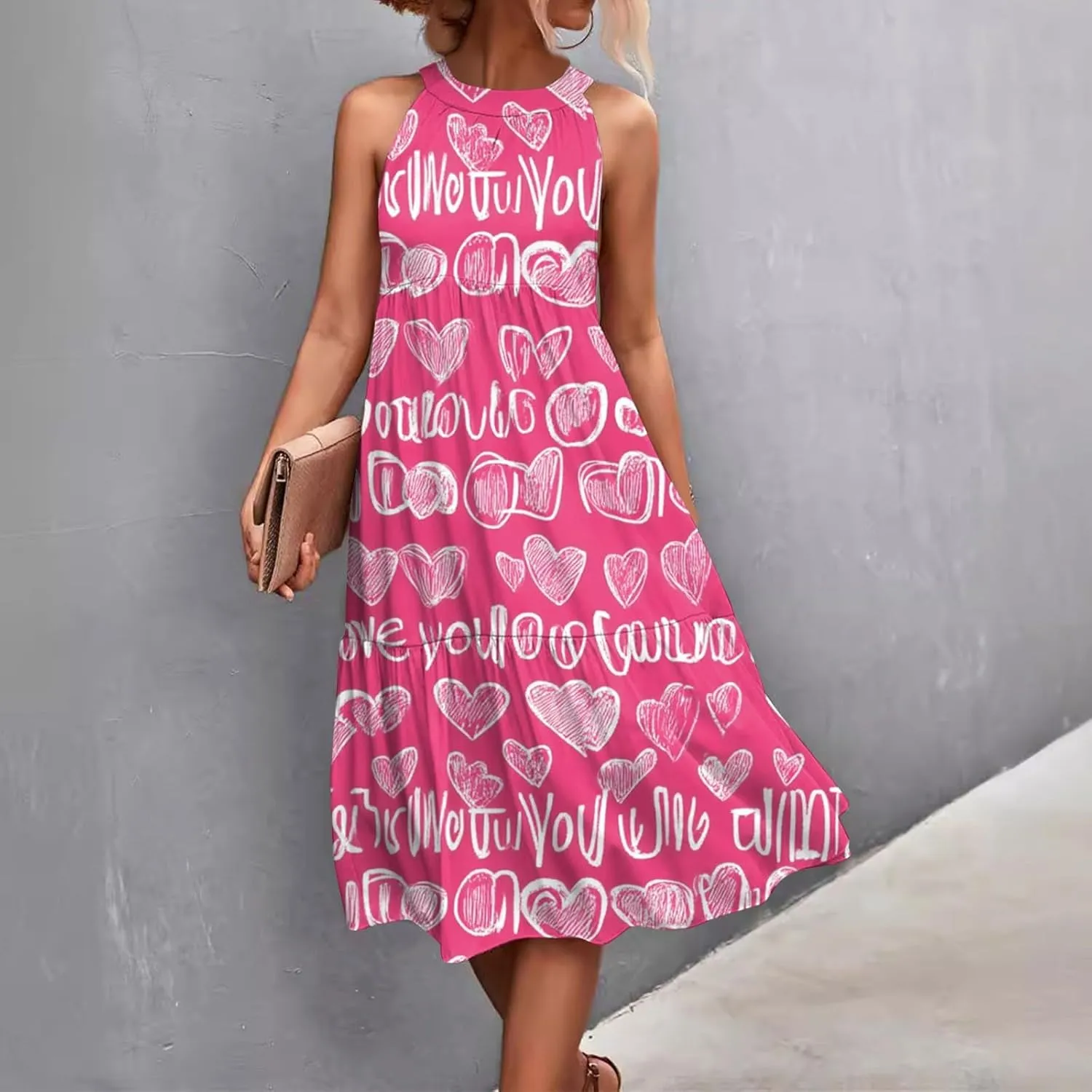 Womens Summer Dresses Hanging Neck Floral Print Midi Dresses Splicing Sleeveless Sundresses Casual Beach Dress