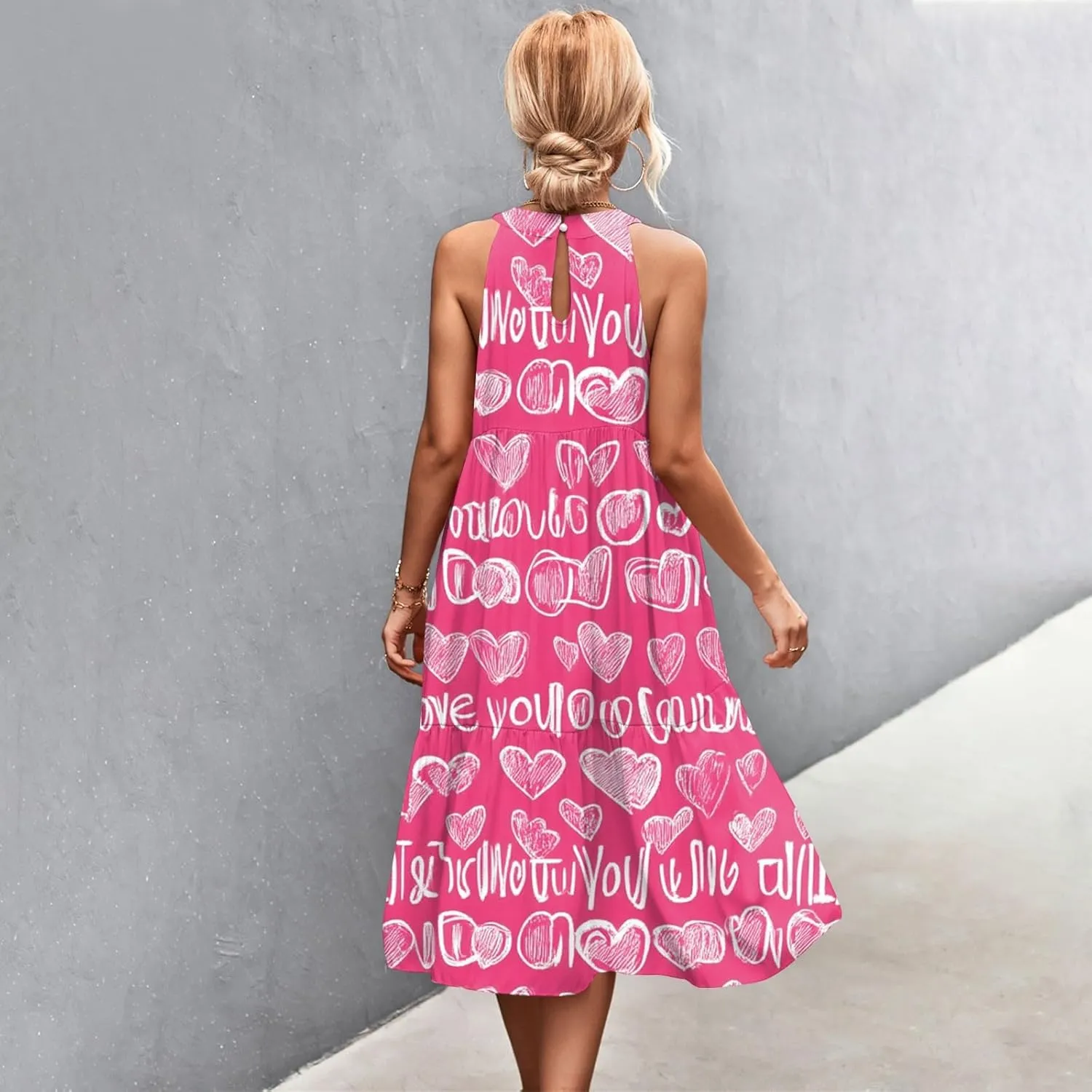 Womens Summer Dresses Hanging Neck Floral Print Midi Dresses Splicing Sleeveless Sundresses Casual Beach Dress