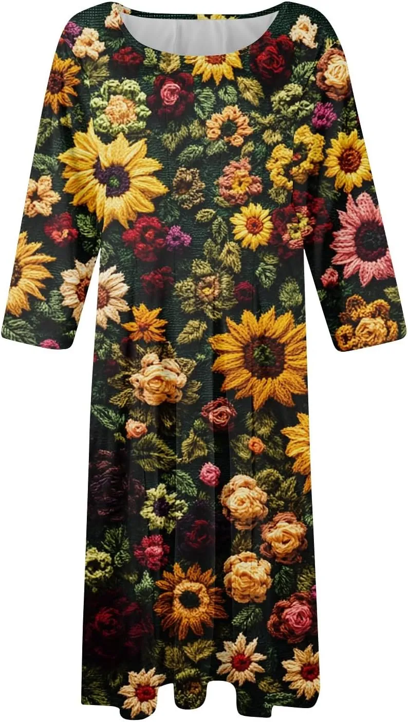 Womens Summer Dresses Summer Casual Beach Tshirt Dress Aline Flowy Midi Dresses Floral 3/4 Sleeve Dress with Pockets