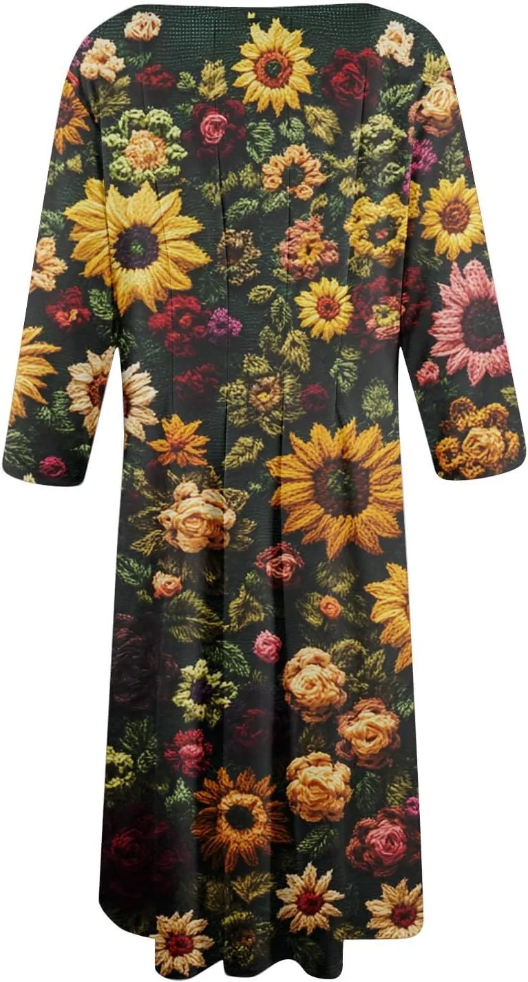 Womens Summer Dresses Summer Casual Beach Tshirt Dress Aline Flowy Midi Dresses Floral 3/4 Sleeve Dress with Pockets