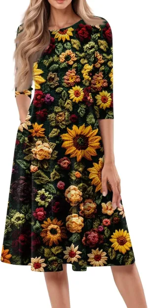 Womens Summer Dresses Summer Casual Beach Tshirt Dress Aline Flowy Midi Dresses Floral 3/4 Sleeve Dress with Pockets