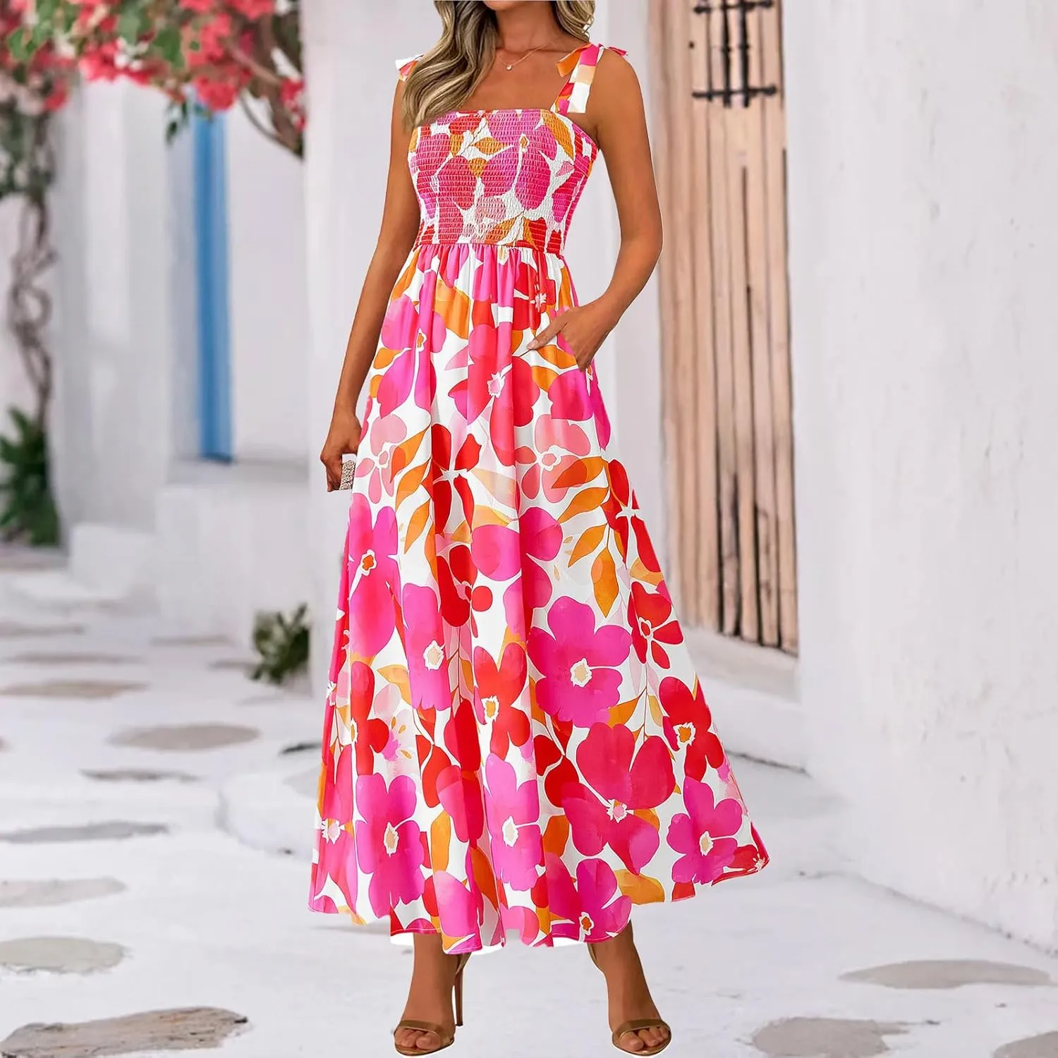 Women's Summer Floral Maxi Dress Spaghetti Strap Smocked Boho Beach Long Dress Sleeveless Ruffle Tiered Flowy Dresses