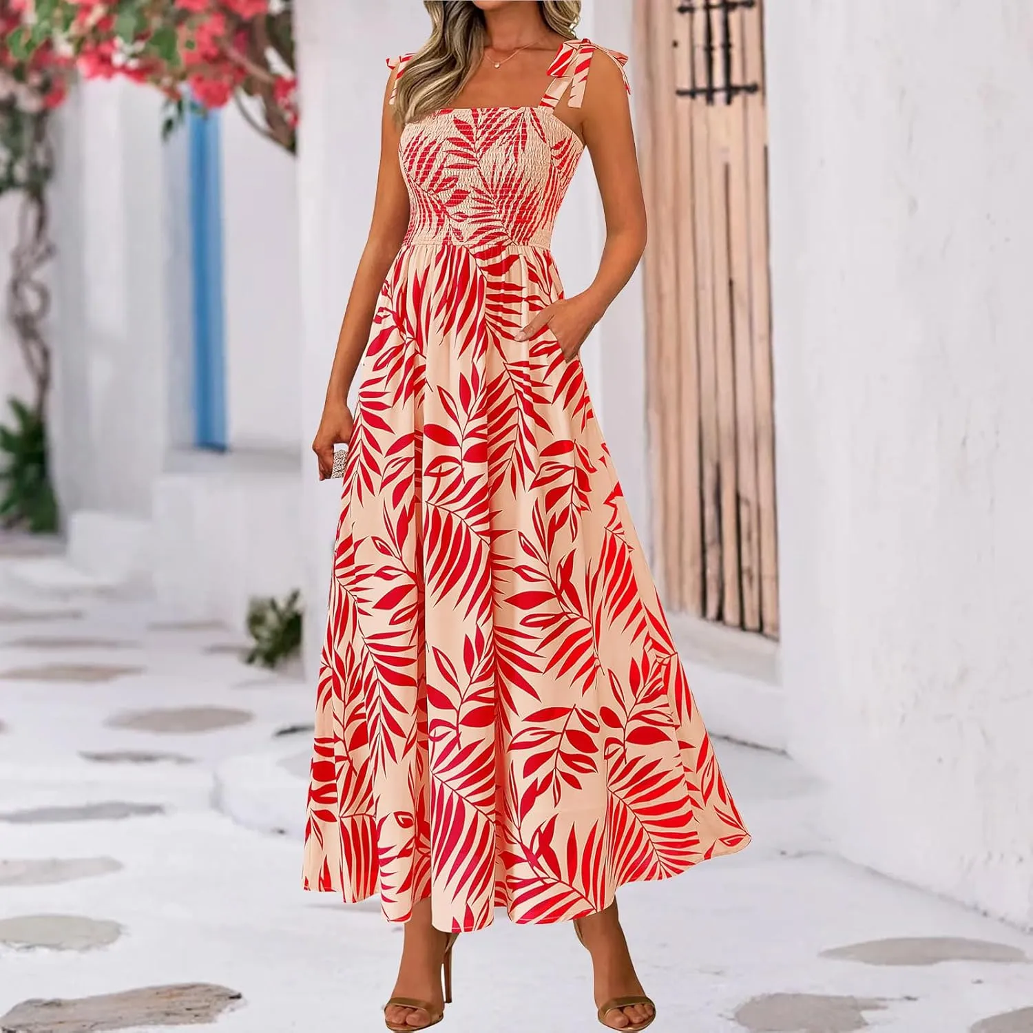 Women's Summer Floral Maxi Dress Spaghetti Strap Smocked Boho Beach Long Dress Sleeveless Ruffle Tiered Flowy Dresses